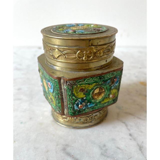 Antique Chinese Brass and Enamel Tea Box For Sale - Image 4 of 7