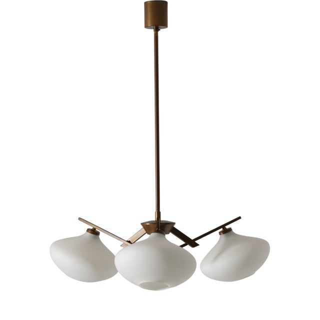 Italian Brass Pendant Light with Three Opaline Glass Shades, 1950s For Sale