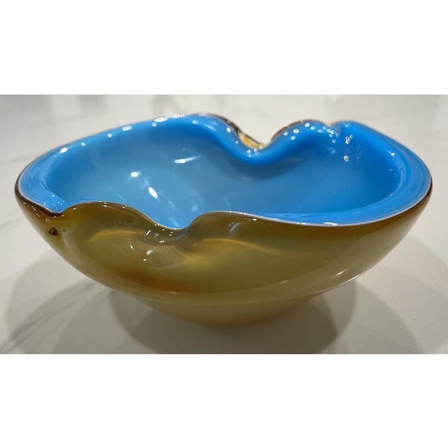Murano Vintage MCM Alfredo Barbini Murano Art Glass Bowl Ashtray Blue & Brown For Sale - Image 4 of 9