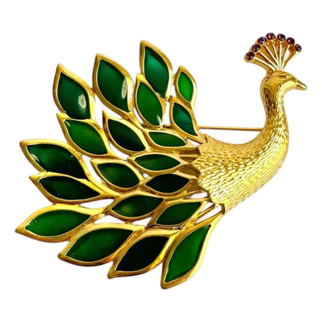 Trifari Peacock Brooch Gripoix Plique a Jour Stained Glass Bird Rhinestone Pin Signed For Sale