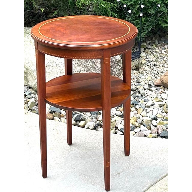 Vintage, Mahogany, Round End/Side Table, With Shelf, and Inlaid Wood Design, Federal Style, 1950’s For Sale In South Bend - Image 6 of 11