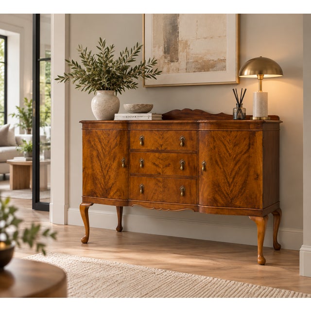Elegant 1950s Beithcraft sideboard featuring beautifully figured walnut veneers, curved cupboard fronts, decorative brass...