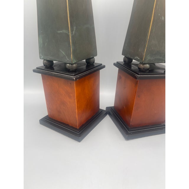 Traditional Late 20th Century Pair of Tall Decorative Obelisks With Antiqued Metal and Wood Bases For Sale - Image 3 of 5