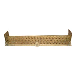 Antique English Reticulated Brass Curved Ends Fireplace Fender W/ Lion Faces For Sale