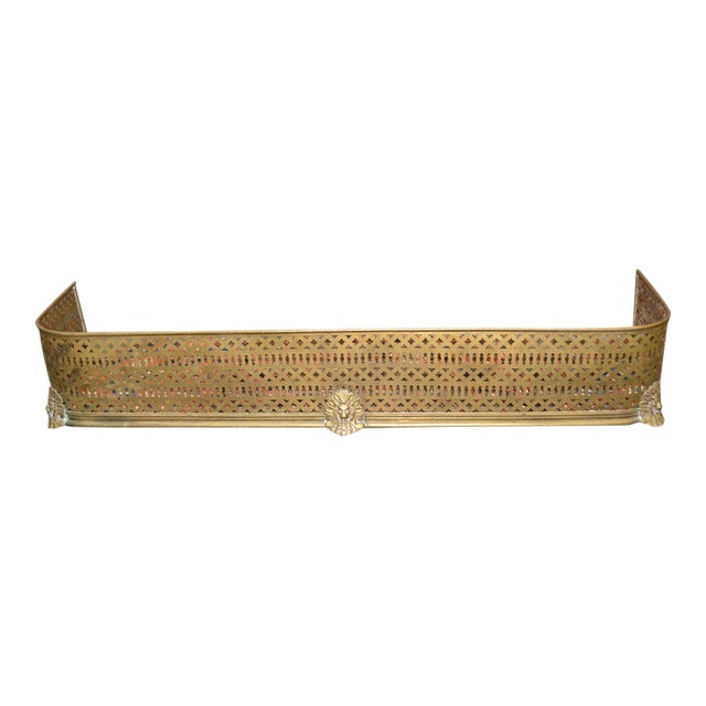 Antique English Reticulated Brass Curved Ends Fireplace Fender W/ Lion Faces For Sale