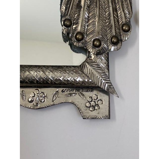 Silver Mid 20th C. Sergio Bustamante Aluminum & Brass Peacock Mirrors a Pair For Sale - Image 8 of 12