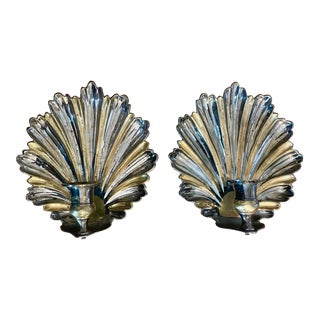 1970s Two-Toned Brass Scalloped Shell Candle Wall Sconces - a Pair For Sale