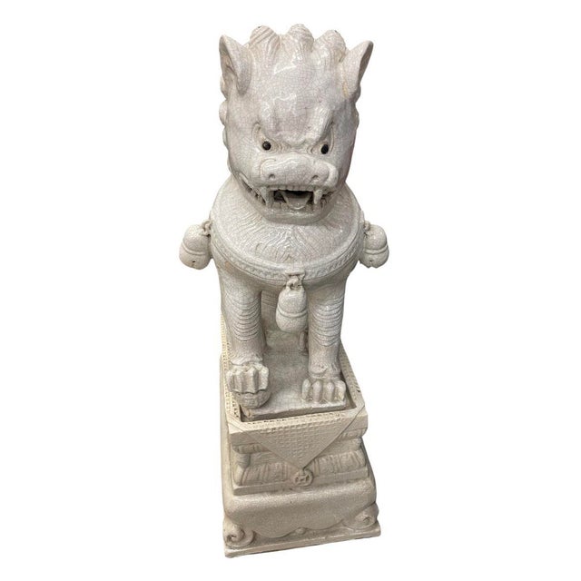 Vintage Crackle-Glazed Ceramic Foo Dog Guardian Statues For Sale - Image 4 of 12