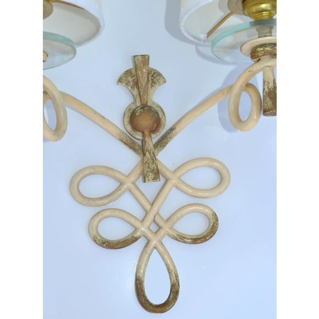 French Wrought Iron & Round Glass Sconces Cone Shades, Wall Lights Art Deco 1950 For Sale - Image 10 of 13