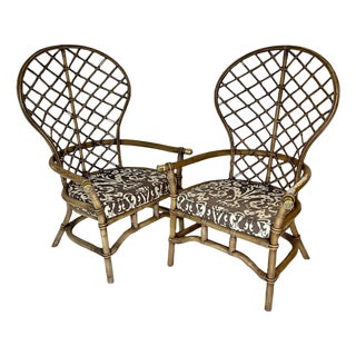 Vintage Fan Back Peacock Rattan Chairs Attributed to Ficks Reed ~ a Pair For Sale