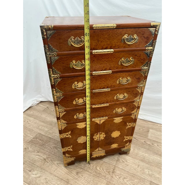 Brown Vintage Korean Elm Burl Brass Bound Bandaji Scholars Chest Wedding Cabinet Felt For Sale - Image 8 of 11