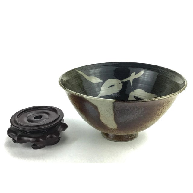 Vintage Japanese Artisan Clay Bowl With Rosewood Stand For Sale - Image 4 of 13