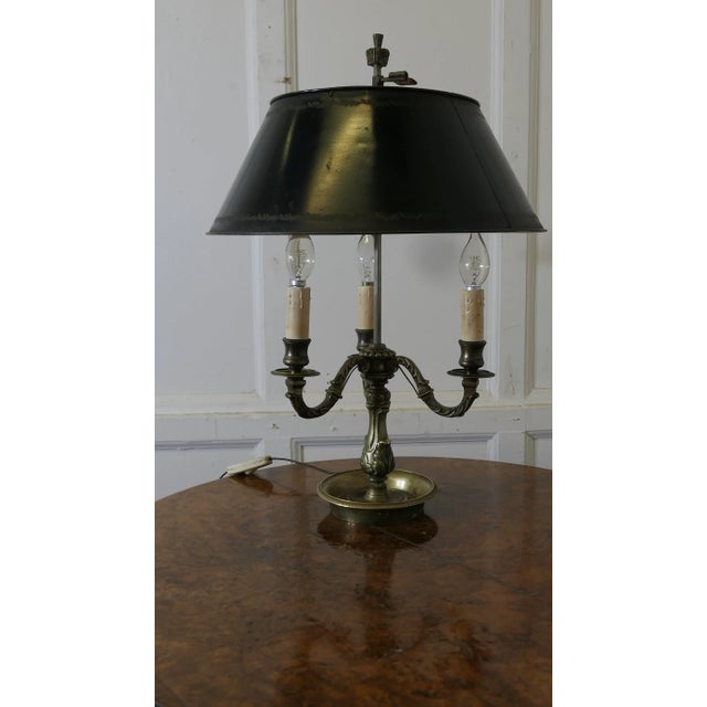 Green Toleware and Brass Triple Bouillotte Desk Lamp from France A lovely piece, a triple brass sconce lamp with its...
