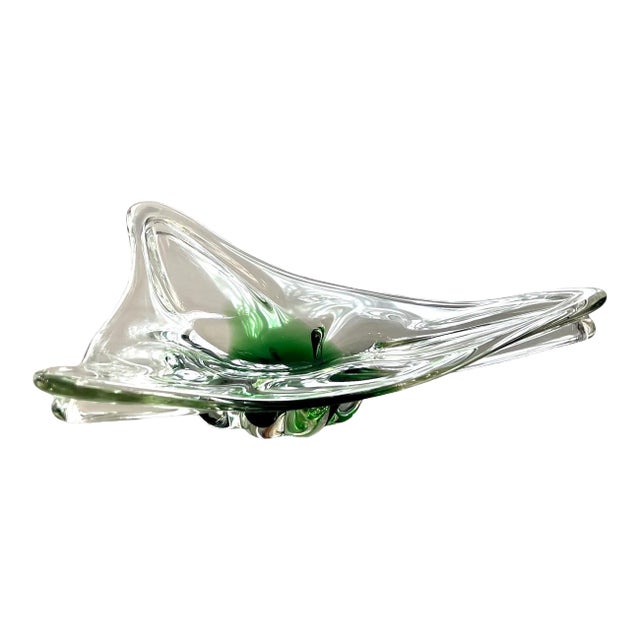 1960s Mid Century Modern Emerald Green Geometric Triangle Art Glass Bowl For Sale