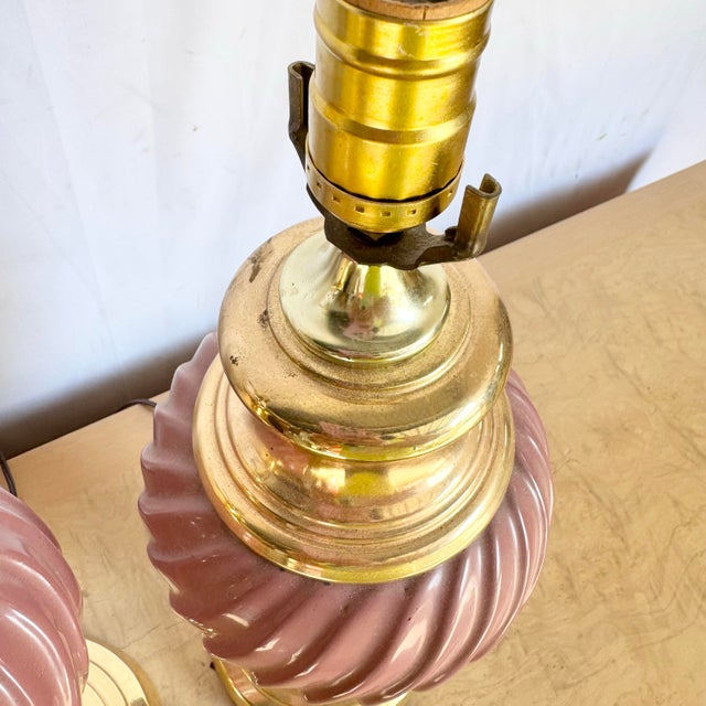 Pink Postmodern Pink Glass Swirl and Gold Table Lamps - A Pair For Sale - Image 8 of 9