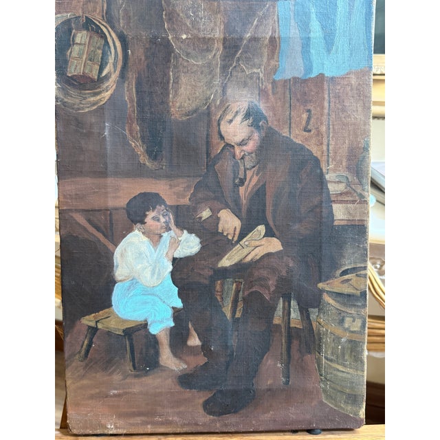 Rustic European Antique European Genre Oil Painting of Man and Child in Workshop - Unsigned For Sale - Image 3 of 11