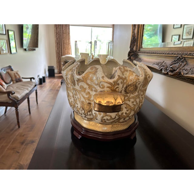 Gold Asian Cachepot and Wood Base For Sale - Image 4 of 10