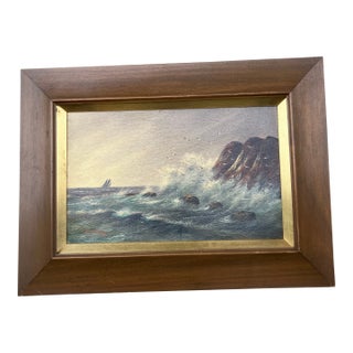 Mid Century Modernist Seascape Painting Sail Boat Seagulls Rocky Shore Original Frame For Sale