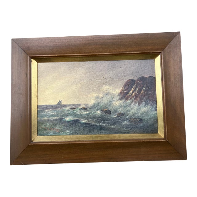 Mid Century Modernist Seascape Painting Sail Boat Seagulls Rocky Shore Original Frame For Sale
