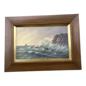 Mid Century Modernist Seascape Painting Sail Boat Seagulls Rocky Shore Original Frame
