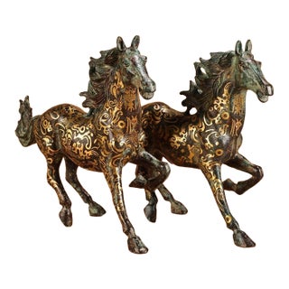 Pair of Vintage Bronze Galloping Horses – Gold Inlaid Horse Statues, 2.2 LBS For Sale