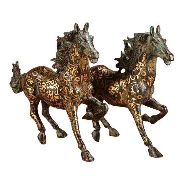 Pair of Vintage Bronze Galloping Horses – Gold Inlaid Horse Statues, 2.2 LBS For Sale