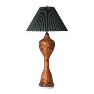 1960s Very Large Burlwood Lamp With Green Pleated Shade For Sale