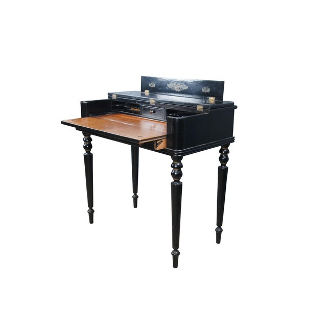 American Hitchcock Style Black Lacquered Harvest Stenciled Secretary Writing Desk For Sale - Image 3 of 14