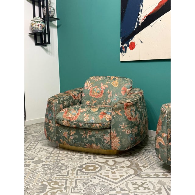 Art Deco Chairs in Floral Silk Fabric with Brass Base, 1940, Set of 2 For Sale - Image 4 of 17