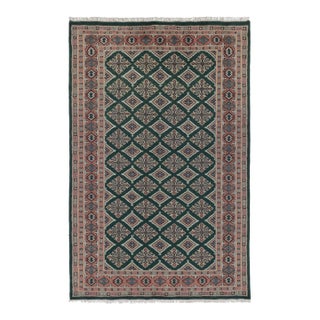 Vintage Bokhara Rug in Forest Green With Pink Geometric Patterns - Rug & Kilim For Sale