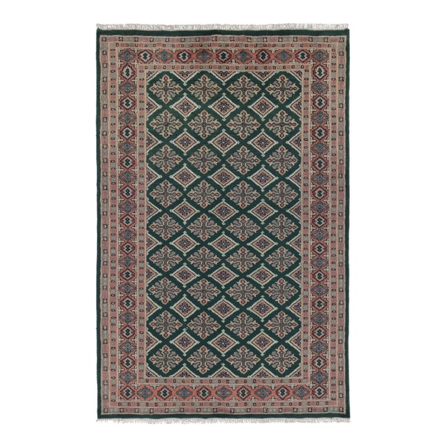Vintage Bokhara Rug in Forest Green With Pink Geometric Patterns - Rug & Kilim For Sale