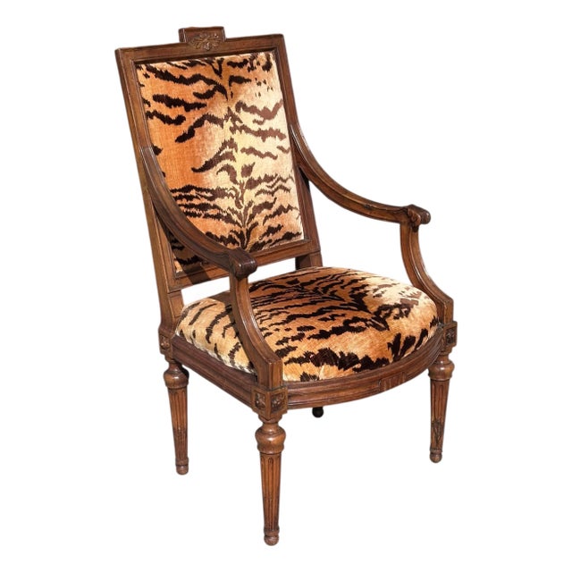 Antique Directoire Fauteuil Arm Chair W Scalamandre Tigre Silk Velvet - Joanna Carson Estate For Sale