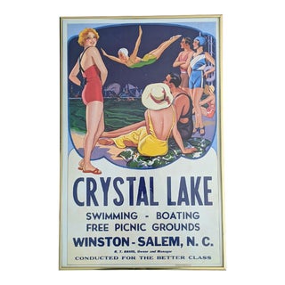 Vintage Crystal Lake Winston Salem North Carolina Lithograph Print Framed For Sale