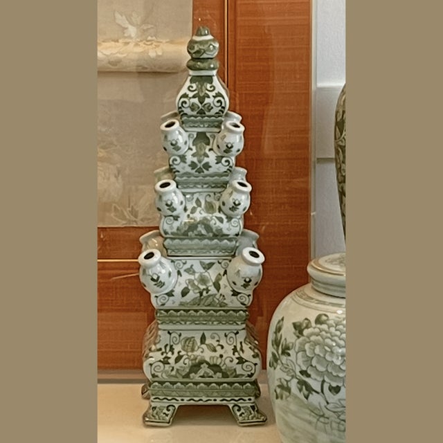 This striking 18-inch two-tier tulipiere vase is a sculptural work of art. Hand-painted in the traditional Famille Verte...