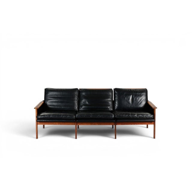 Illum Wikkelsø Mid 20th Century Attributed to Illum Wikkelso Capella Three Seat Sofa in Rosewood + Black Leather For Sale - Image 4 of 4