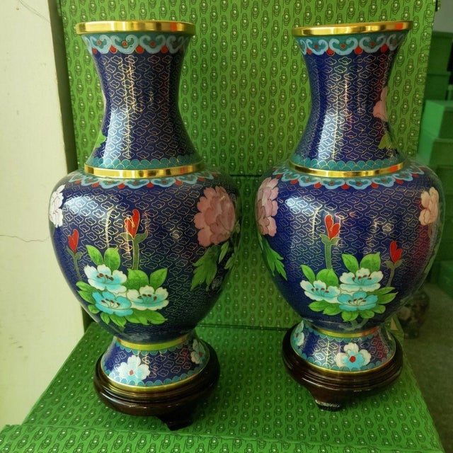 Pair of Vintage Cloisonné Enamel Vases – Phoenix & Peony Motif, Sapphire Blue Ground For Sale - Image 9 of 10