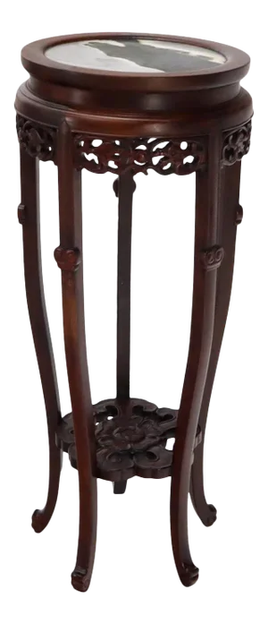 Chinese Carved Dark Rosewood Marble Top Round Stand