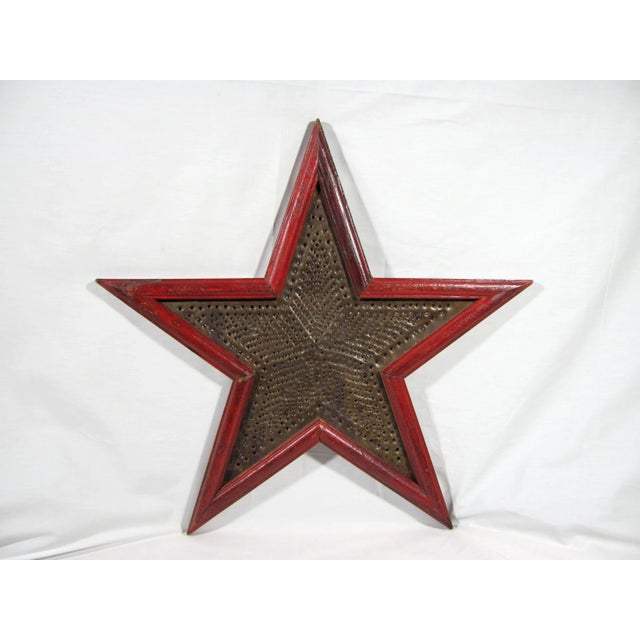 25" Vintage American Handmade Farm Barn Rustic Punched Tin and Wood Garnet Red Star Hanging Wall Art For Sale - Image 13 of 13