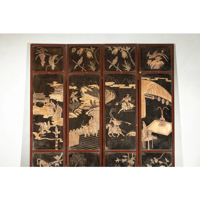 Four-Panel Black Lacquer Screen with Painted Narrative and Animal Scenes For Sale In New York - Image 6 of 12
