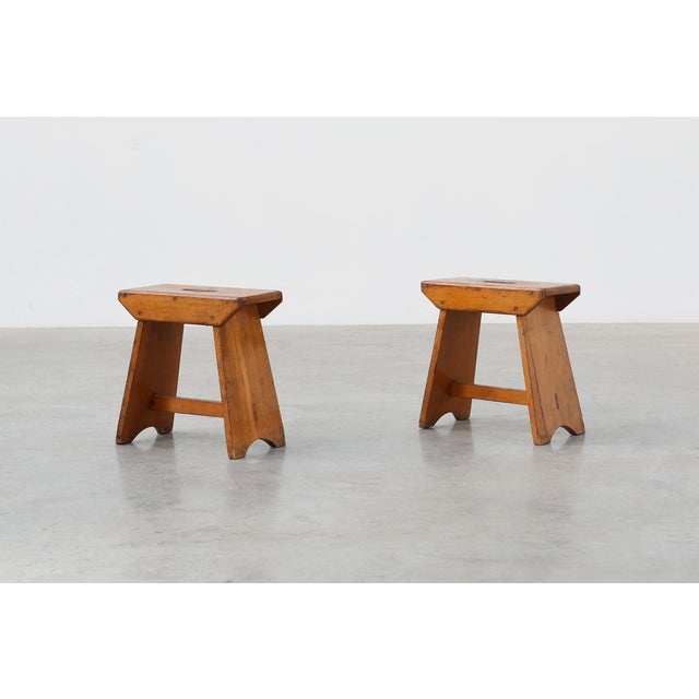 Brown Rustic Pine Stool with Cut-Out Trestle Legs, Sweden, 1920 For Sale - Image 8 of 17