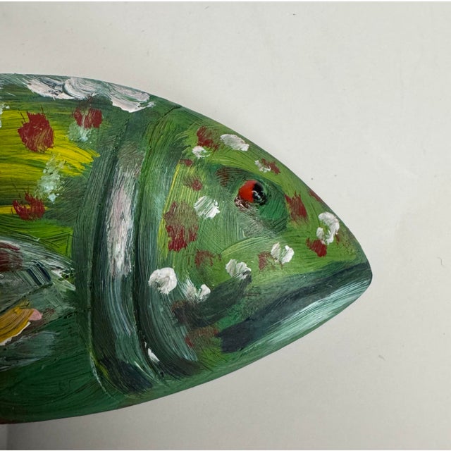 Vintage Coastal Sculpted Wood Hand Painted Tropical Fish Figurine, Green, Dark Pink, Yelllow For Sale - Image 10 of 12