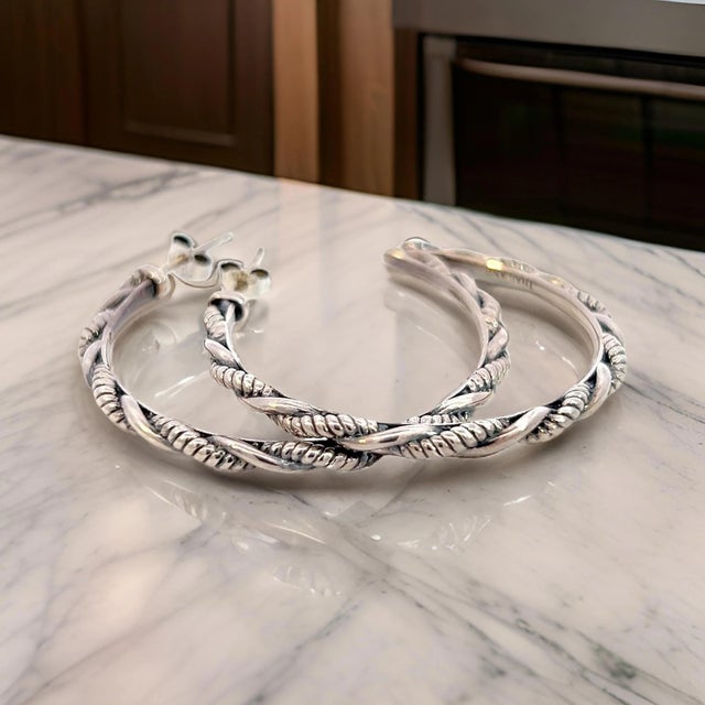 Traditional 1990s Pair of John Hardy Estate "Jai" Hoop Earrings 1.75" Silver For Sale - Image 3 of 10