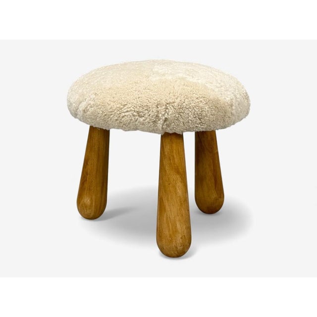 Danish Modern Style, Sheepskin Stool, Beige Shearling, Maple, Usa, 21st C.