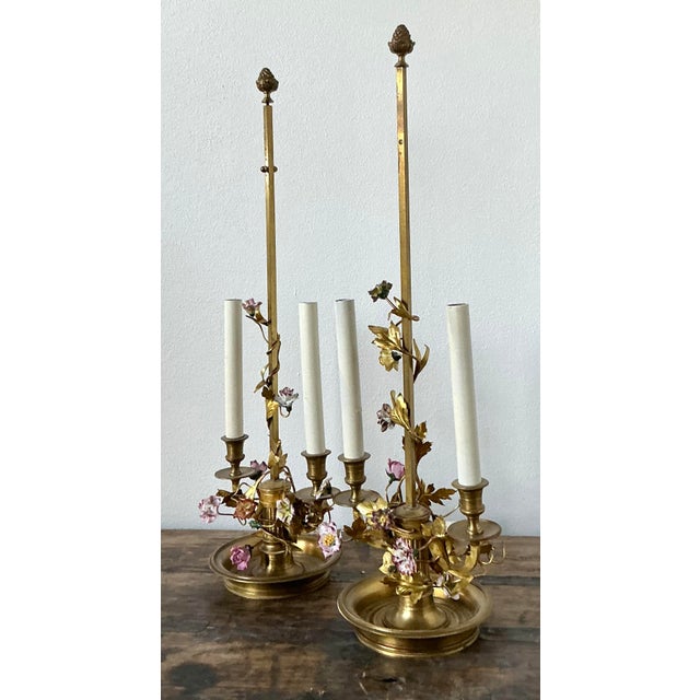 English Vintage Regency Porcelain Roses Lamps - a Pair For Sale - Image 3 of 9