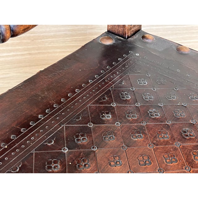 19th Century Spanish Colonial Altar Carved Armchair with Leather Seat and Back For Sale - Image 13 of 18