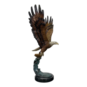 Large Bronze Bald Eagle Sculpture Catches Fish on Marble Base - 38"h