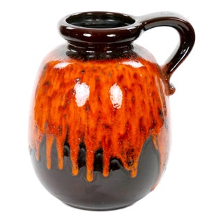 Mid-Century West German Glazed Porcelain Vase, Orange /Brown, Black 12" Tall For Sale