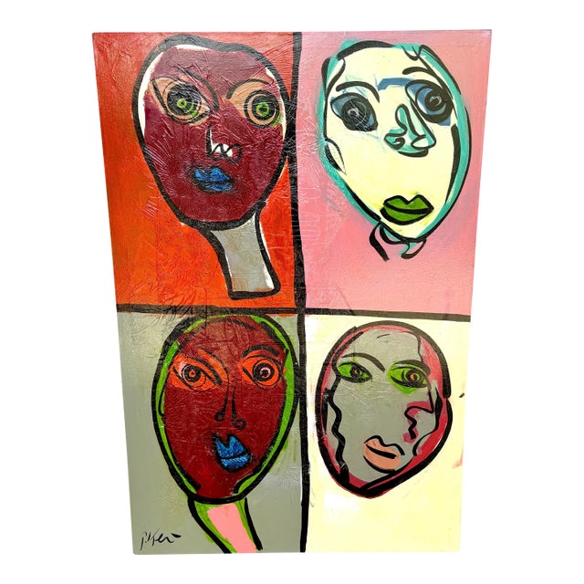 Peter Keil, Masterwork Mixed Media Textured Quadriptych (4) Portraits, C. 1980 For Sale