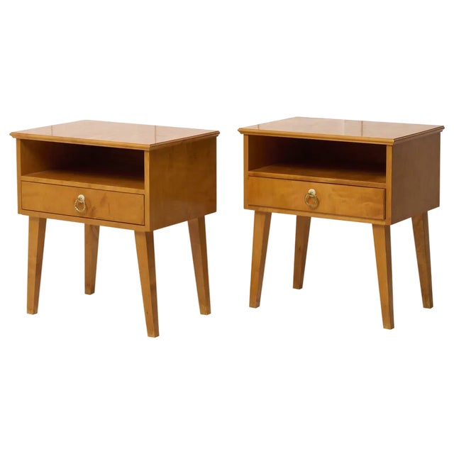 Swedish Art Deco Style Nightstands in Light Birch with Drawers, 1930, Set of 2 For Sale