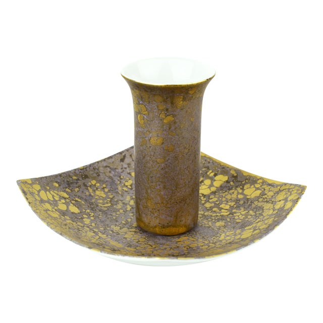 Vintage Rosenthal Studio Linie Hand Painted Goldfeuer Golden Purple Marble Design Small Vase and Plate Germany - 2 Pieces For Sale